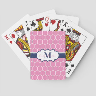 Pink and Navy Monogram Geometric Pattern Poker Cards