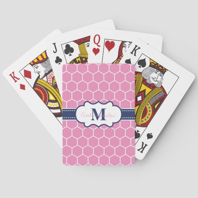 Pink and Navy Monogram Geometric Pattern  Poker Cards (Back)