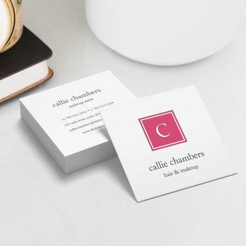 Pink and Navy Monogram Square Business Card