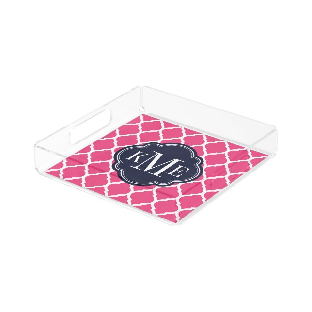 Pink and Navy Moroccan Quatrefoil Monogram Acrylic Tray (Angled)