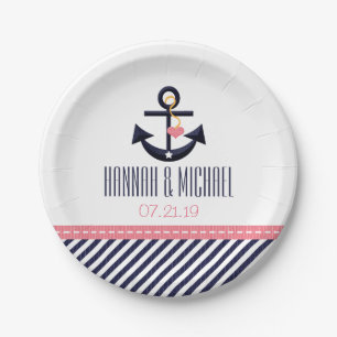 Pink and Navy Nautical Anchor Wedding Paper Plates