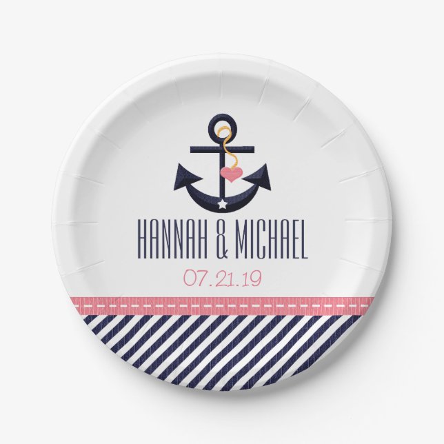 Pink and Navy Nautical Anchor Wedding Paper Plates (Front)