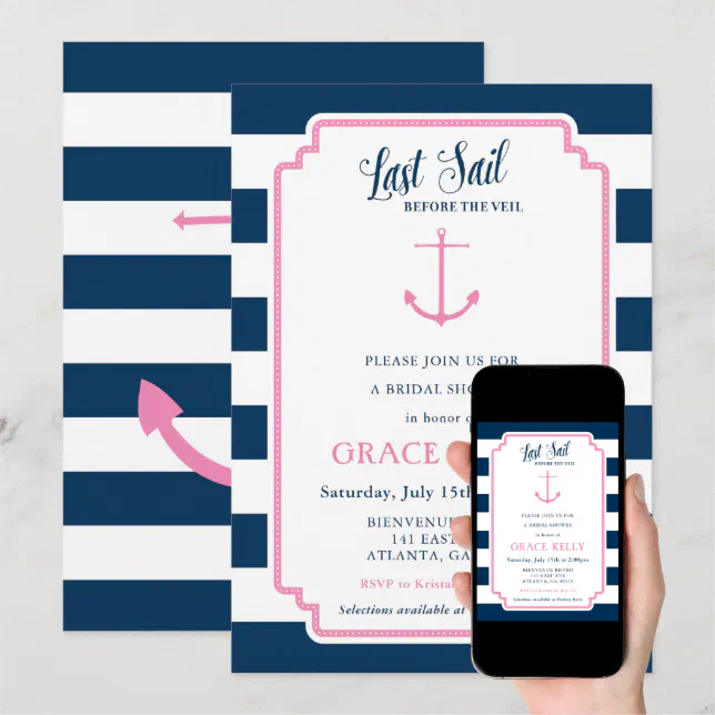 Pink and Navy Nautical Bridal Shower Invitation | Zazzle