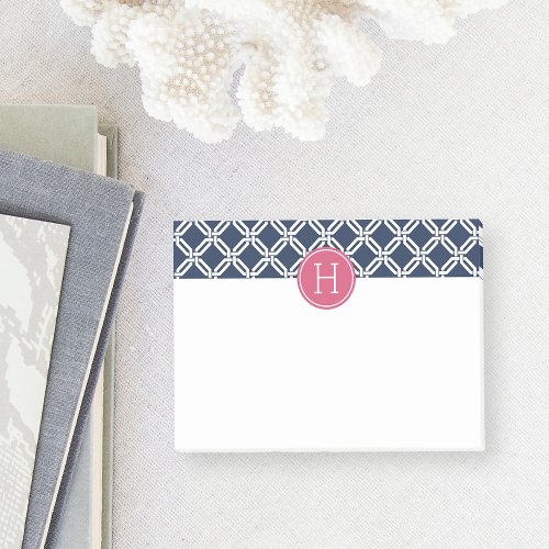 Pink and Navy Octagon Link Pattern Monogram Post_it Notes