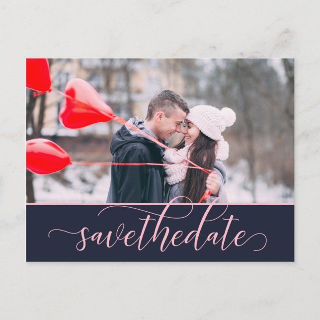 Pink and Navy Ornate Script 2-Photo Save The Date Postcard (Front)