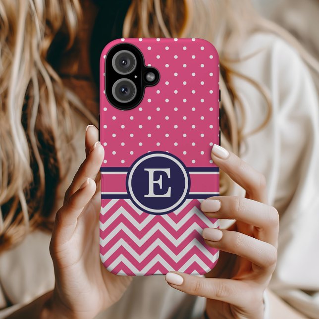 Pink and Navy Preppy Chevron Dots Monogram Case-Mate iPhone Case (Creator Uploaded)