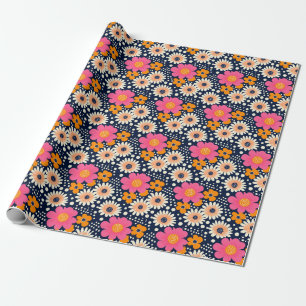 Pink and Navy Preppy Flowers Wrapping Paper