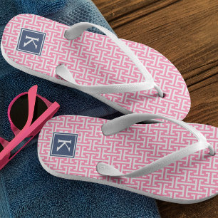 Pink and Navy Preppy Pattern Monogram Flip Flops
