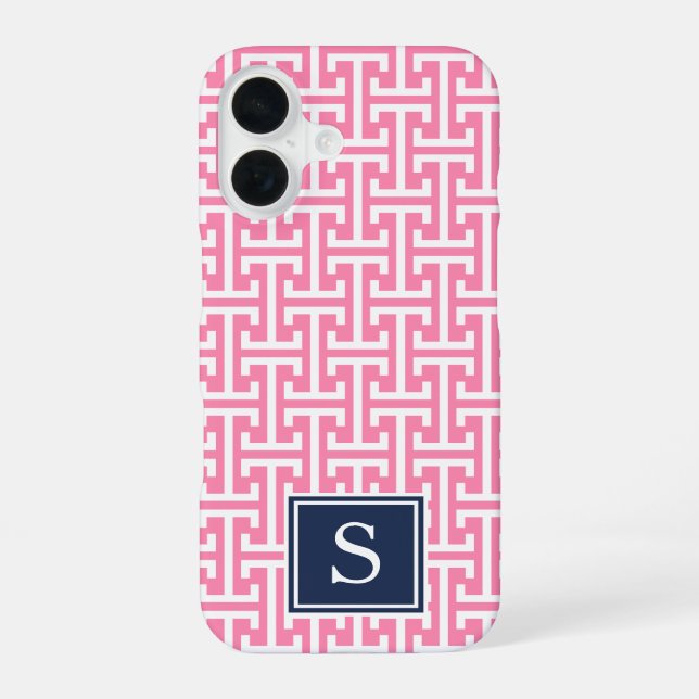 Pink and Navy Preppy Pattern Monogram Iphone Case (Back)
