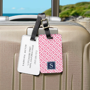 Pink and Navy Preppy Pattern Monogram Luggage Tag