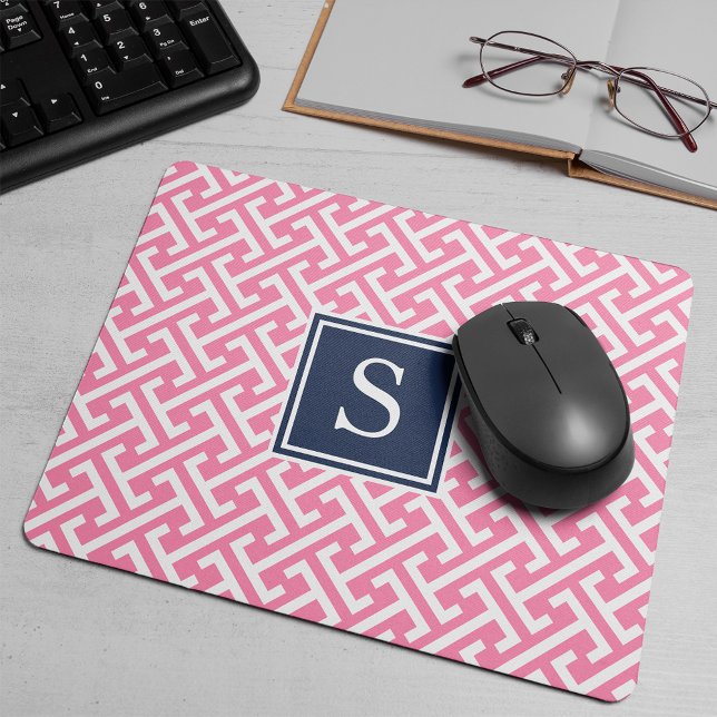Pink and Navy Preppy Pattern Monogram Mouse Pad (Creator Uploaded)