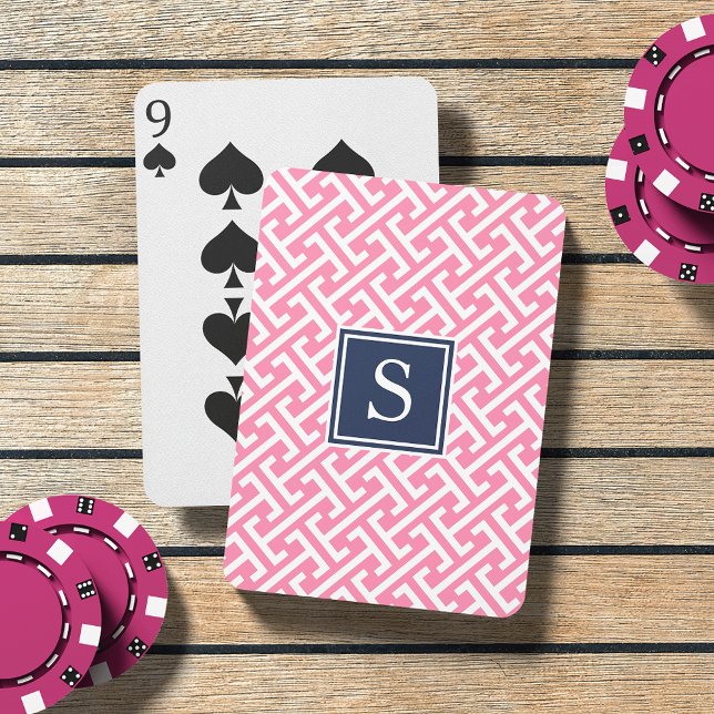 Pink and Navy Preppy Pattern Monogram Poker Cards (Creator Uploaded)