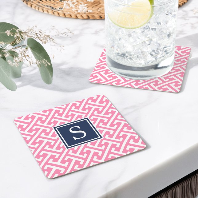 Pink and Navy Preppy Pattern Monogram Square Paper Coaster (Creator Uploaded)