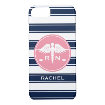Pink And Navy Stripe Caduceus Nurse Rn Iphone 8/7 Case by cutecases at Zazzle