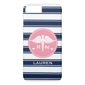 Pink And Navy Stripe Caduceus Nurse Rn Iphone 8 Plus/7 Plus Case by cutecases at Zazzle