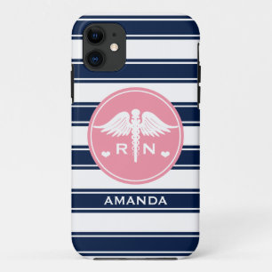 PINK AND NAVY STRIPE CADUCEUS NURSE RN iPhone 11 CASE