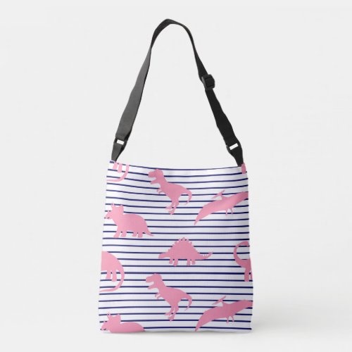 Pink and Navy stripe Dinosaurs crossbody tote bag