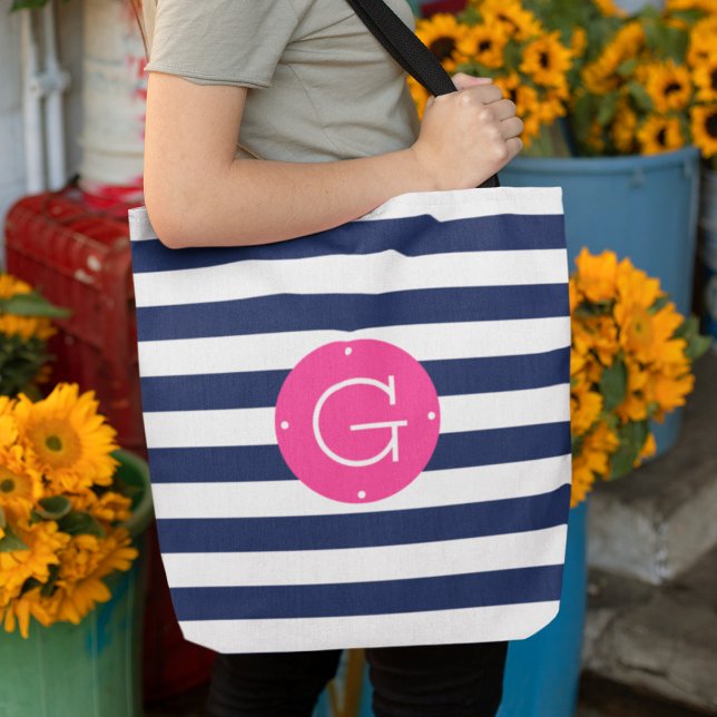 Pink and Navy Stripe Monogram Tote Bag (Creator Uploaded)