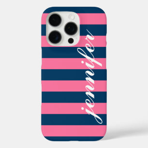 Pink and Navy Stripes Custom Script Monogram Name iPhone 16 Pro Case