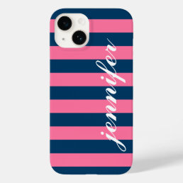 Pink and Navy Stripes Custom Script Monogram Name Case-Mate iPhone 14 Case
