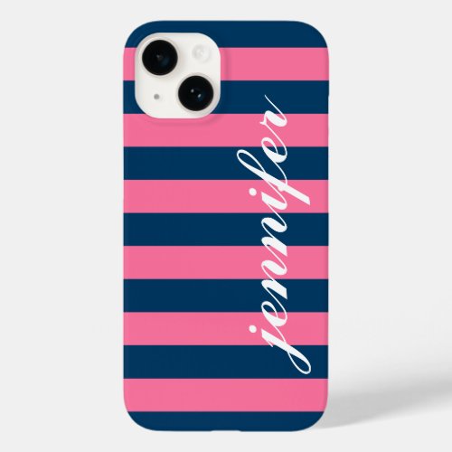 Pink and Navy Stripes Custom Script Monogram Name Case_Mate iPhone 14 Case