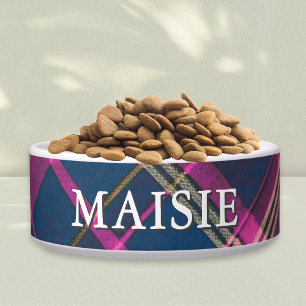 Pink and Navy Tartan Plaid Personalized Pet Dog Bowl