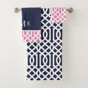 Pink and Navy Trellis Monogram Bath Towel Set