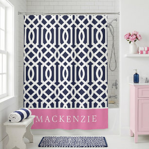 Pink and Navy Trellis Monogram Shower Curtain