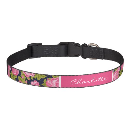 Pink and Navy Vintage Roses Monogram Pet Collar