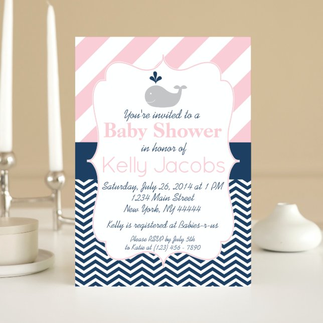 Pink and Navy Whale Baby Shower Invitation