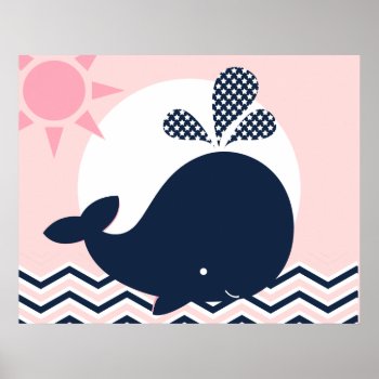 Pink And Navy Whale Nursery Poster by new_baby at Zazzle