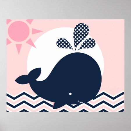 Pink And Navy Whale Nursery Poster
