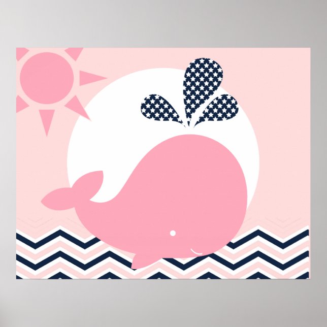 Pink and Navy Whale Nursery Poster (Front)