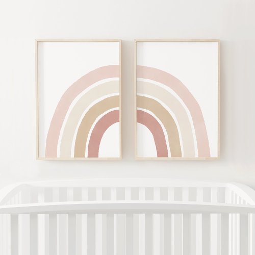 Pink and Neutral Rainbow Girl Nursery Decor Wall Art Sets