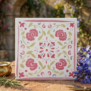 Pink and Olive Folk Art Floral Decorative Ceramic Tile
