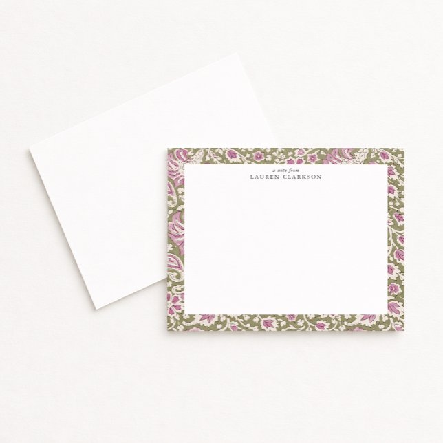 Pink and Olive Hand-Block Inspired Floral Note Car Invitation (Creator Uploaded)