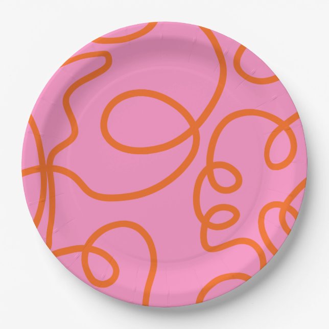 Pink And Orange Abstract Lines Brush Strokes Paper Plates (Front)