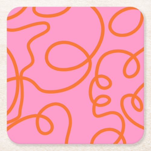 Pink And Orange Abstract Lines Brush Strokes Square Paper Coaster