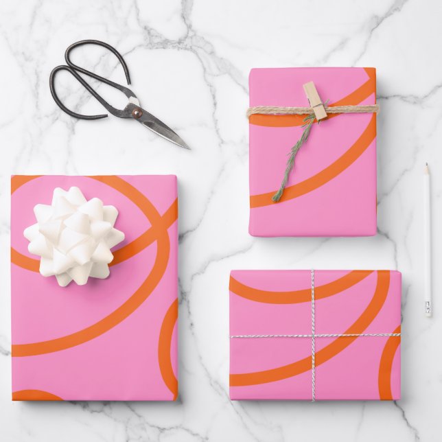 Pink And Orange Abstract Lines Brush Strokes Wrapping Paper Sheets (Front)