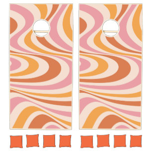 Pink and orange abstract swirl design cornhole set