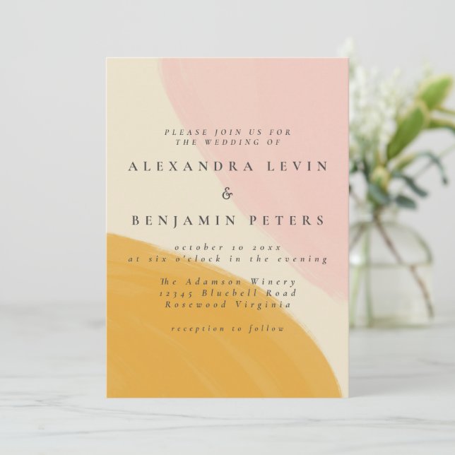 Pink and Orange Abstract Watercolor Wedding Invitation (Standing Front)