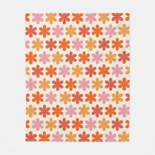 Pink And Orange Aesthetic Retro Groovy Flowers Pat Fleece Blanket