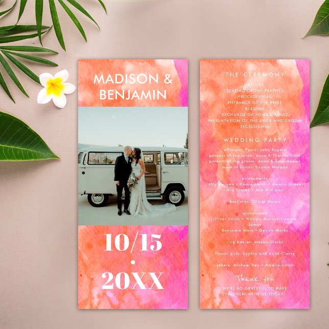 Pink and Orange and White Photo Minimalist Wedding Program (Front / Back)