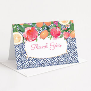Pink and Orange Blue Tiles Mediterranean Shower Letterpress Thank You Card