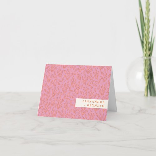 Pink and Orange Botanical Leaf Pattern Couple Name Thank You Card