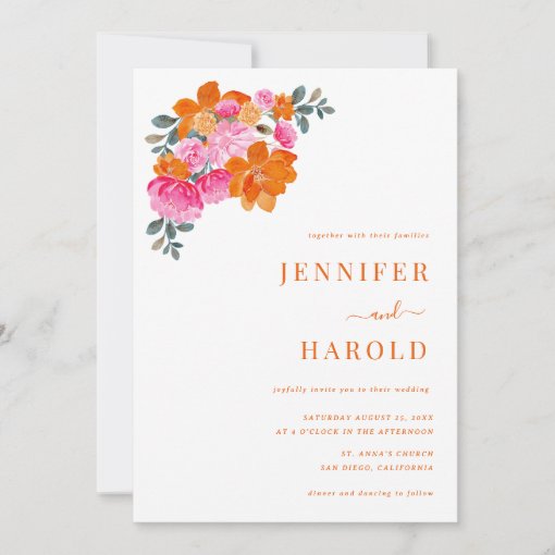 Pink and Orange Bright Floral Wedding & Details Invitation | Zazzle