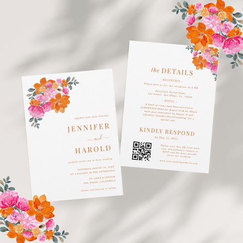 Pink and Orange Bright Floral Wedding  Details Invitation