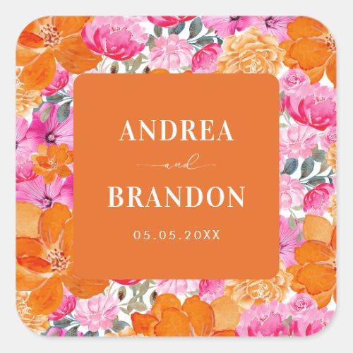 Pink and Orange Bright Summer Floral Wedding Square Sticker