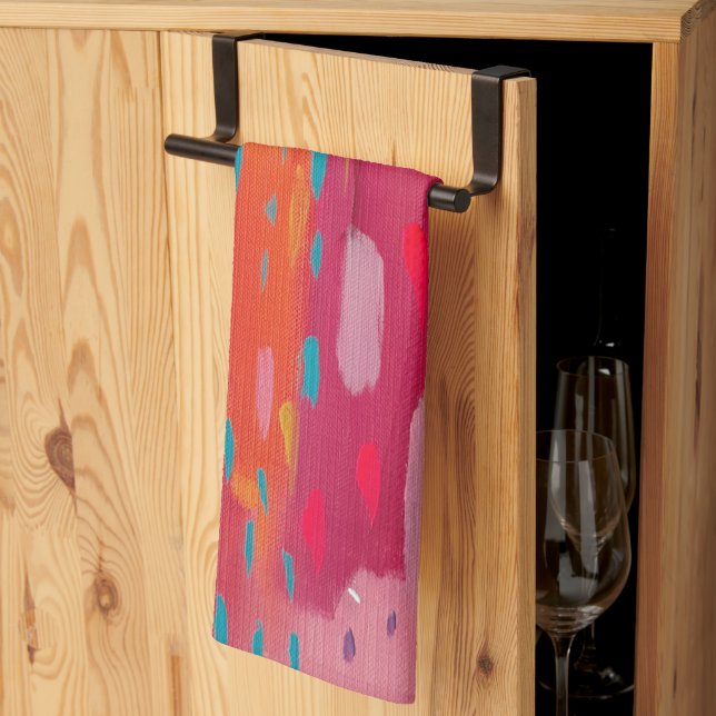 Pink and Orange Brush Marks Abstract  Kitchen Towel (Thirds Fold)