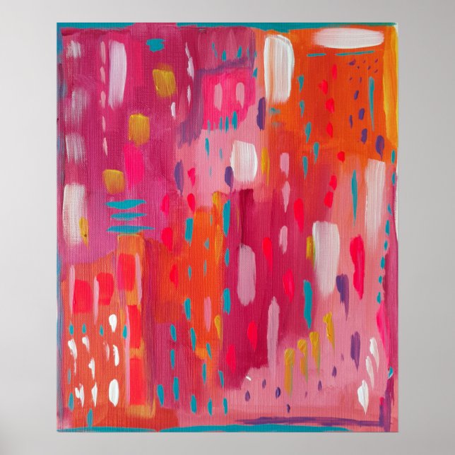 Pink and Orange Brush Marks Abstract Poster (Front)